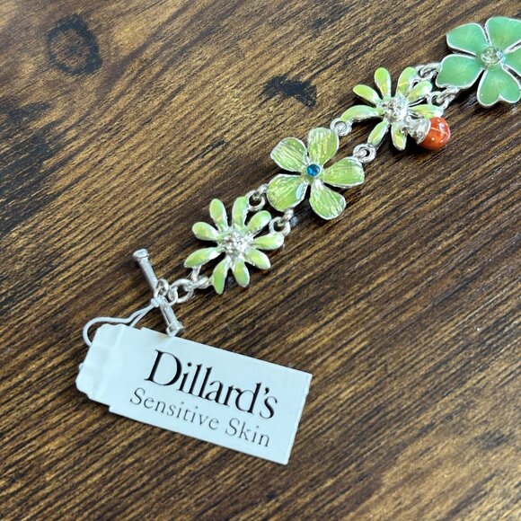 NWT Dillards Silver Green Flower Ladybug Bracelet 7" Sensitive Skin Rhinestones - Picture 4 of 11